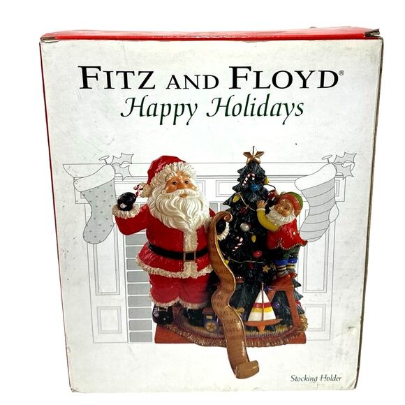 Fitz and Floyd Happy Holidays 2004 Santa Tree and Elf Stocking Holder-NEW in Box - Picture 1 of 12